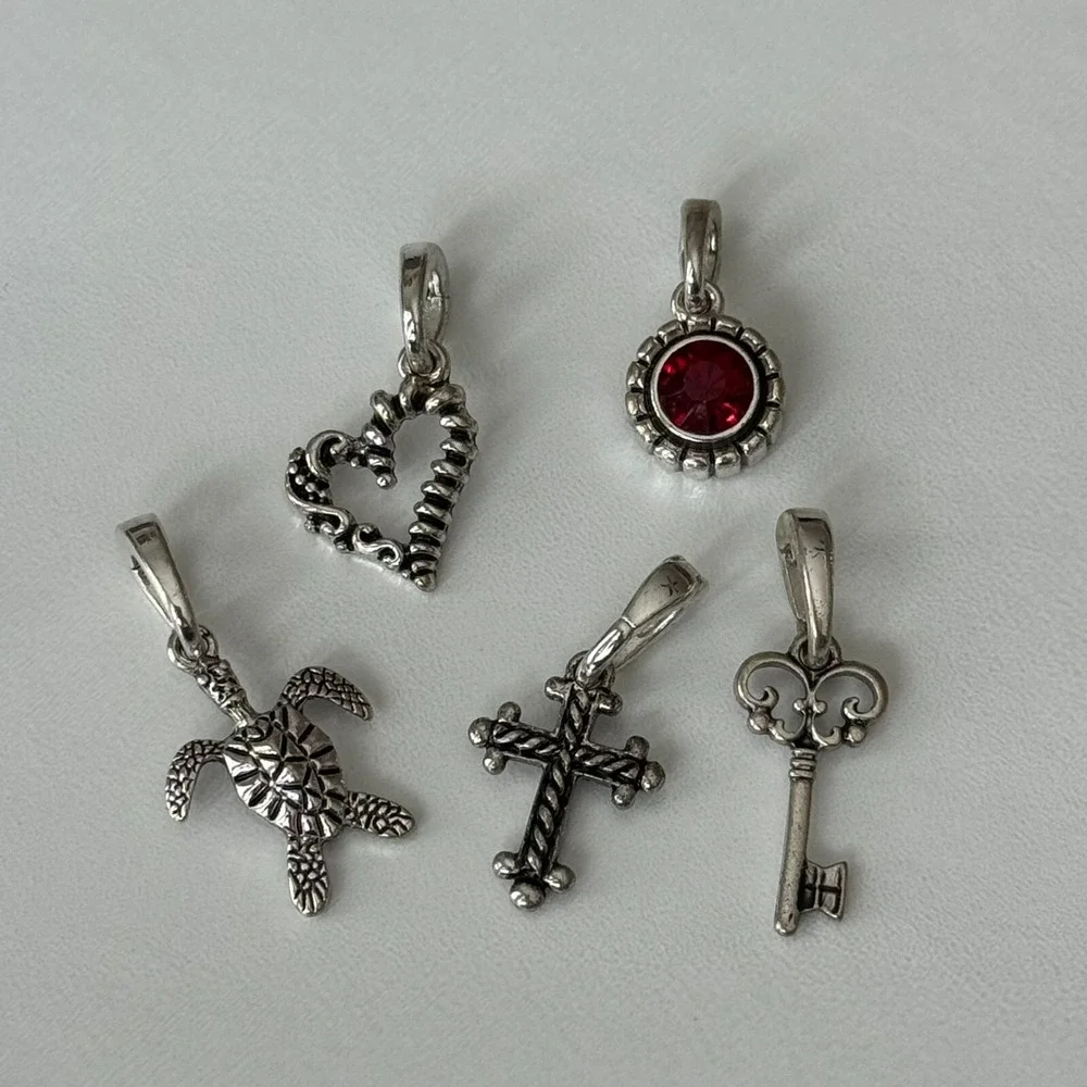 Set‎ of 5 Clip On Charms Silver Tone Heart, Cross Turtle Key Flower Jewelry